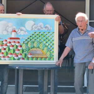 Een door hem gemaakt schilderij voor de kantine